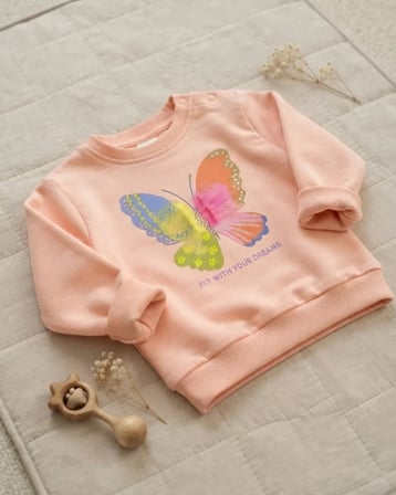 Pudra Renkli Kız Bebek Sweatshirt Kelebek Detaylı