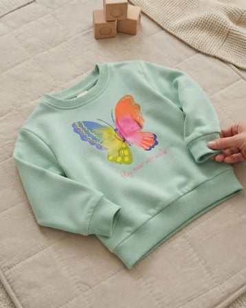 Mint – Nil Yeşili Kelebek Baskılı Bebek Sweatshirt Rahat Kalıp