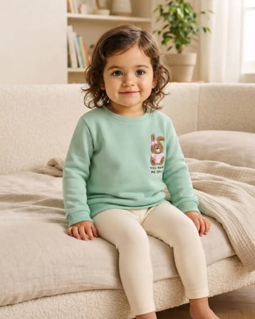 Bebek Pembe Sweatshirt Sevimli Tavşan Nakışlı Yuvarlak Yaka