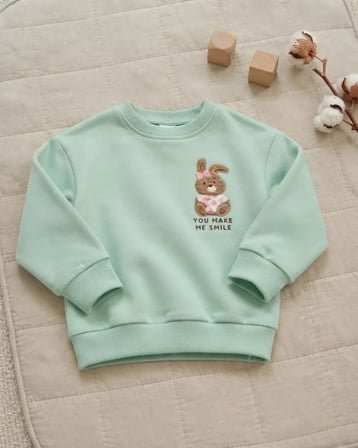 Bebek Pembe Sweatshirt Sevimli Tavşan Nakışlı Yuvarlak Yaka