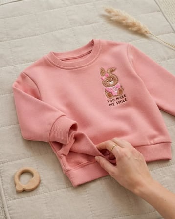 Bebek Pembe Sweatshirt Rabbit İşlemeli ve Soft Kesim Rahat Model