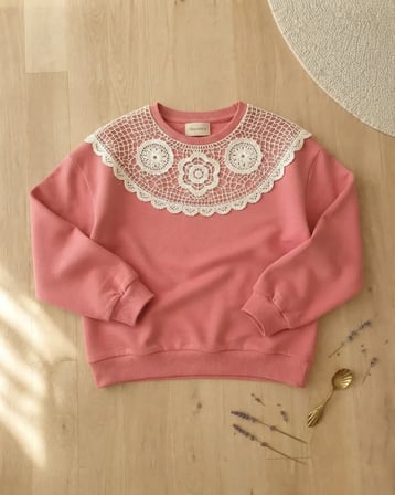 Kız Çocuk Pembe Jakar Jakarlı Örme Sweatshirt Rahat Kesim