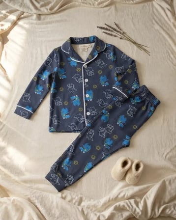 Mavi Dinosaur Baskılı Pamuklu Kız Çocuk Pijama Takımı Mevsimlik