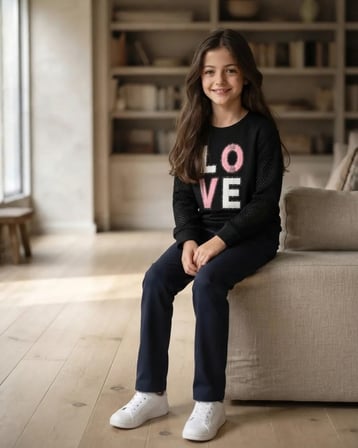 Love Nakışlı 3 İp Şardonlu Kız Sweat – Siyah