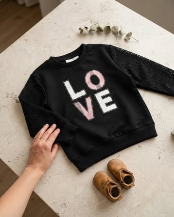 Love Nakışlı 3 İp Şardonlu Kız Sweat – Siyah