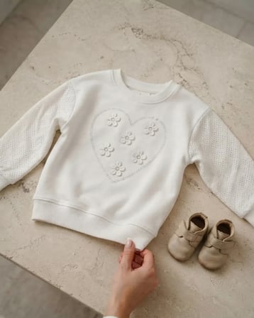 Kalp Nakışlı Çiçek Desenli 3 İp Şardonlu Kız Sweat – Beyaz