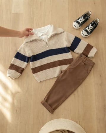 Erkek Bebek Bej Boğazlı Triko Kışlık Takım