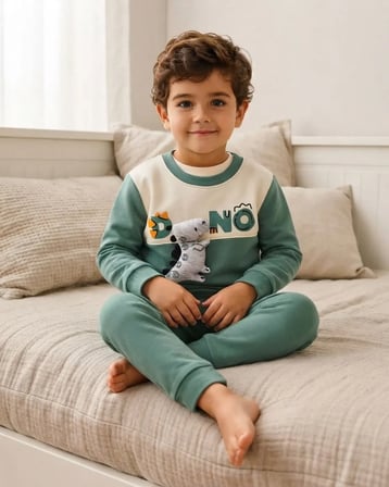 Erkek Bebek Yeşil 3D Dinozor Aplikeli Sweatshirt Pantolon Takımı
