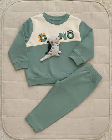 Erkek Bebek Yeşil 3D Dinozor Aplikeli Sweatshirt Pantolon Takımı
