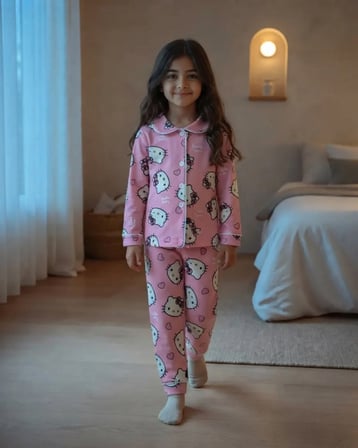 Kız Çocuk Hello Kitty Baskılı Uzun Kollu Pijama Takımı – Pembe · 2 Parça