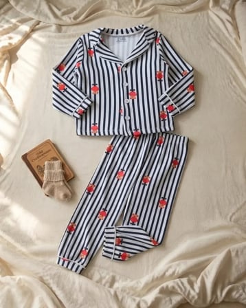 Erkek Çocuk Ayıcık Desenli Çizgili Pamuklu Pijama Takımı