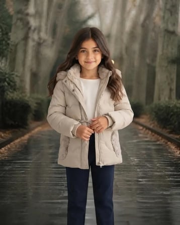 Kız Çocuk Bej Kapüşonlu Kışlık Kaban Şişme Model