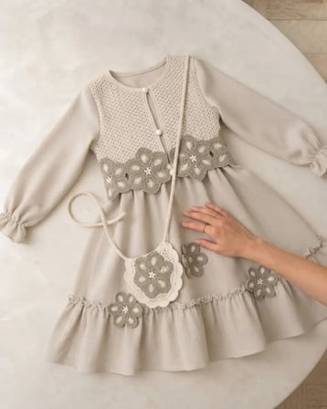 Örme Papatyalı Gri Kız Çocuk Elbise Modeli