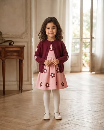 Çiçek Detaylı Triko Hırkalı Kız Çocuk Elbise Pembe