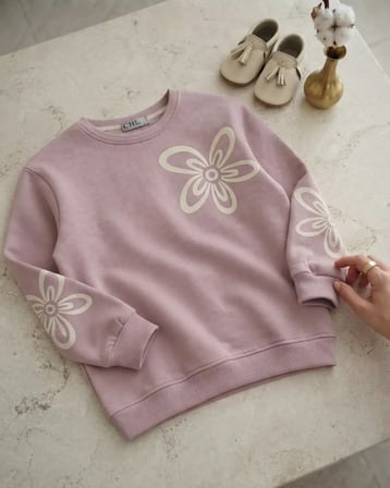 Çiçek Baskılı Gül Kurusu Kız Sweatshirt Modeli
