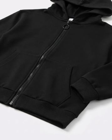 Siyah Fermuarlı Kapüşonlu 3 İp Kumaş Unisex Çocuk Hırka Kalın