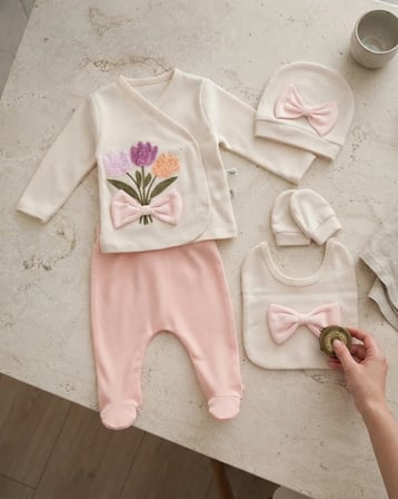 Somon Tonlarda Kız Bebek Lale Motifli Zıbın Seti