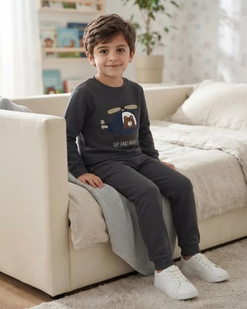Füme Ayıcık Nakışlı Erkek Çocuk 3 İp Şardonlu Takım