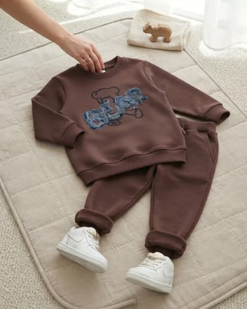 Bear Baskılı Koyu Kahverengi Erkek Çocuk Takım