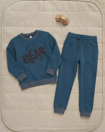 Bear Baskılı Petrol Mavi 3 İp Şardonlu Erkek Takım