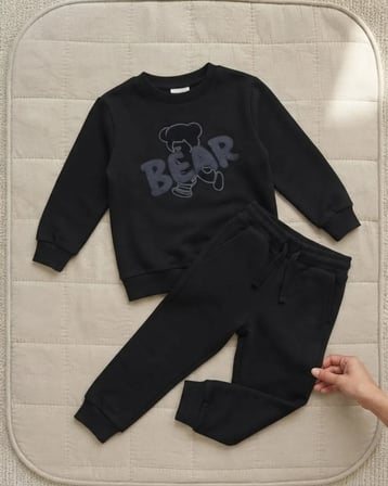 Bear Baskılı Siyah 3 İp Şardonlu Erkek Takım