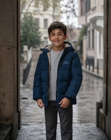 Erkek Çocuk Mavi Kışlık Kapüşonlu Kaban Modeli