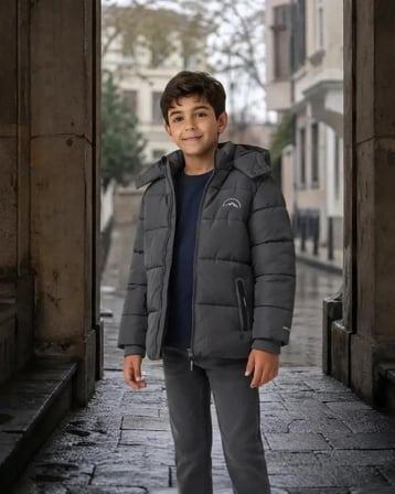 Erkek Çocuk Füme Kapüşonlu Kışlık Kaban Modeli