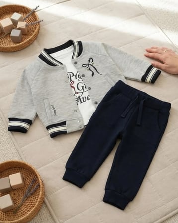 Kız Bebek Lacivert Çiçekli Fiyonklu Montlu 3'lü Takım