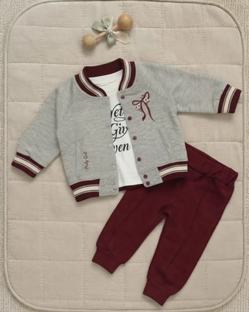Bordo Pantolonlu Kız Bebek Çiçekli Fiyonklu Takım – Kırmızı