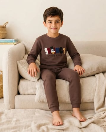 Face Baskılı 3 İp Şardonlu Erkek Çocuk Takım Koyu Kahverengi