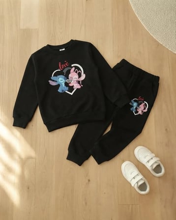 Çocuk Siyah Pembe Sevimli Baskılı Eşofman Takımı · 2 Parça