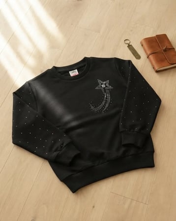 Kız Çocuk Siyah Taşlı Kol Taslı Sweatshirt