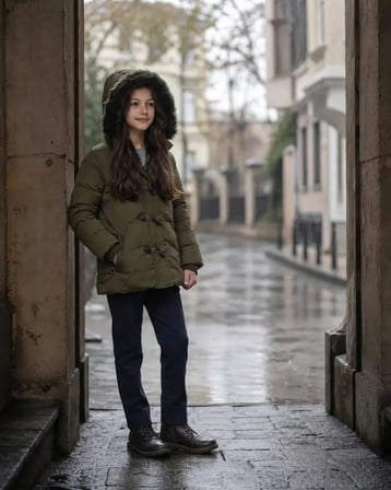 Kız Çocuk Haki Kışlık Kapüşonlu Kaban Modeli