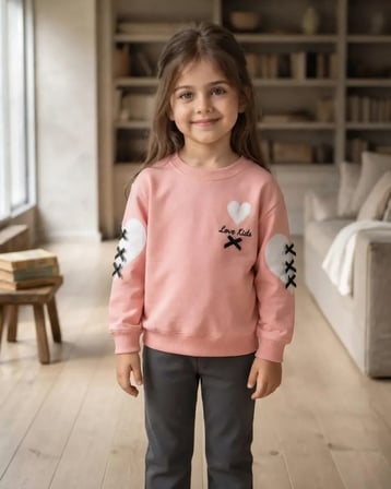 Kız Çocuk Somon Sweatshirt Kalpli Detaylarla