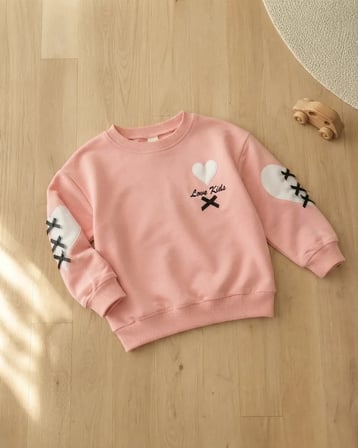 Kız Çocuk Somon Sweatshirt Kalpli Detaylarla