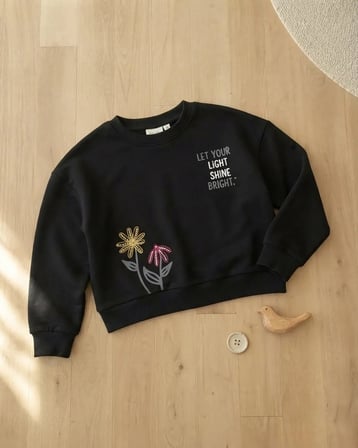 Kız Çocuk Siyah Sweatshirt Çiçek Desenli Kışlık