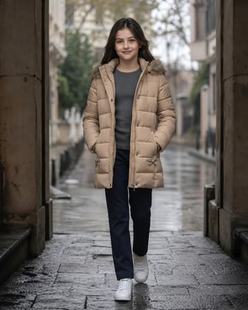 Kız Çocuk Bej Kapüşonlu Kışlık Mont Modeli