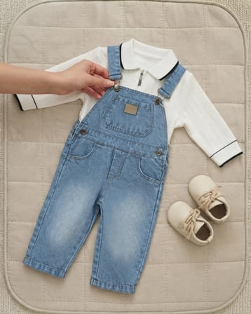 Mavi Cepli Denim Salopet Bebek Takımı Modeli