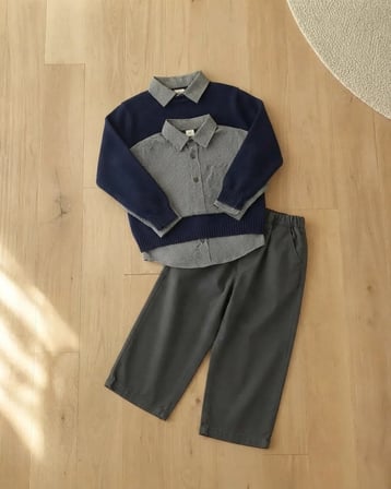 Lacivert Triko Hırkalı Gömlekli Gabardin Pantolonlu Çocuk Takım