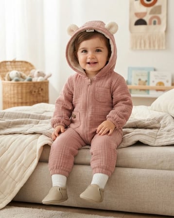 Kız Bebek Gül Kurusu Kapitone Kapüşonlu Fermuarlı Tulum