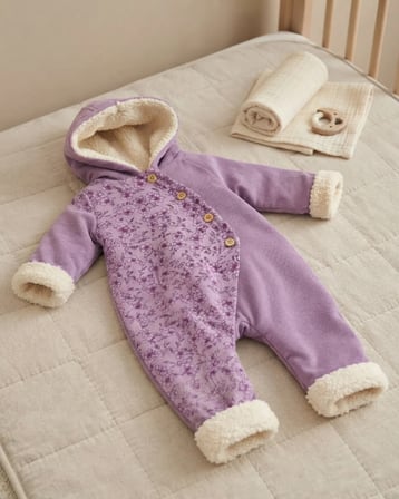 Kız Bebek Lila Çiçekli Kapüşonlu Düğmeli Tulum – Çok Renkli