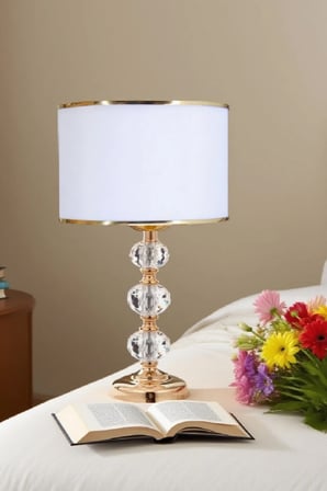 3 taşlı 55 cm masa abajuru cam gövde kumaş başlık metal ayaklı gece lambası aydınlatma