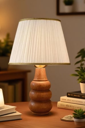 Sina Masa Abajuru Ahşap Gövde Kumaş Başlık Dekoratif Masa Lambası Gece Lambası