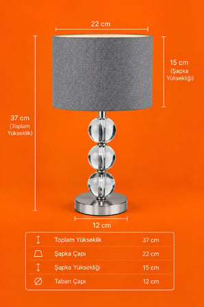 2 adet cam gövdeli krom ayaklı kumaş başlıklı dekoratif masa gece lambası