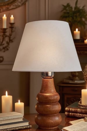 Sina Masa Abajuru Ahşap Gövde Kumaş Başlık Dekoratif Masa Lambası Gece Lambası