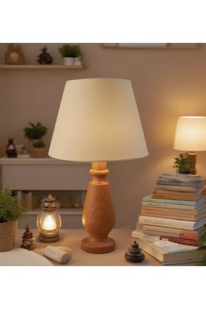 Manolya Masa Abajuru Ahşap Gövde Kumaş Başlık Dekoratif Masa Lambası Gece Lambası