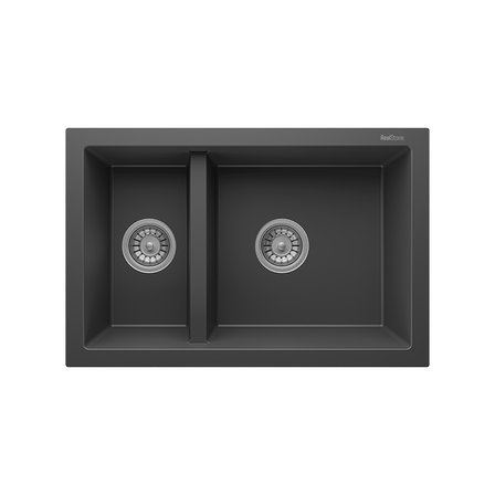 RealStone Bergama P018 Granit Evye 770x530 mm Damlalıksız Çift Göz Mutfak Evyesi - RealStone 018 Bergama Antrasit