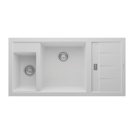 RealStone Aspendos P022 Damlalıklı Granit Evye 1000x500 mm Çift Göz Mutfak Evyesi - RealStone P022 Aspendos Beyaz