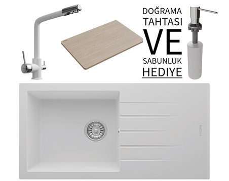 Realstone P011 Assos 86 XL Granit Eviye & Abant Arıtmalı Batarya Seti (+ Sabunluk ve Bambu Tahta Hediyeli) - Beyaz