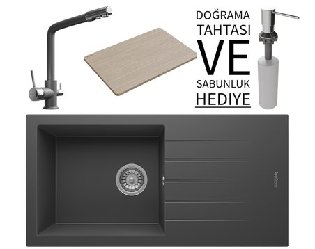 Realstone P011 Assos 86 XL Granit Eviye & Abant Arıtmalı Batarya Seti (+ Sabunluk ve Bambu Tahta Hediyeli) - Antrasit